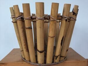 Vtg Italian Boho Wicker Bamboo Wood Stalks Round Planter Potter 13x11 Porch Pot